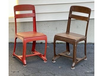 Pair Of Vintage Wooden & Metal Child Desk Chairs
