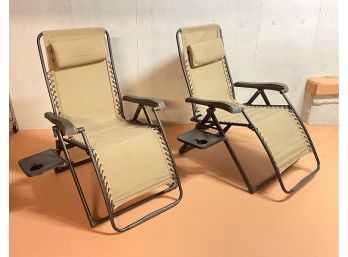 Pair Of Folding Outdoor Reclining Lounge Chairs W/ Drink Holder
