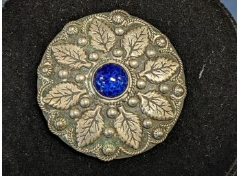 Silver Pin 'Made In Italy' With Leaf Design And Bright Blue Center Cabochon