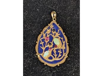 18k Yellow Gold & Lapis Lazuli 'Fortune' Or 'Good Luck' Bird Pendant Set With Semi Precious Stones