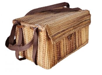 Vintage Japanese Reed & Wood  Constructed Lidded Basket 1950s