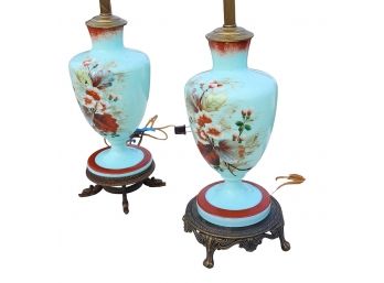 Pair Antique Blue Bristol Glass Style Hand Painted Vase Table Lamps