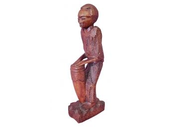 Carved African Tribal Wood Male Figure Playing Drum