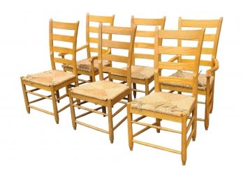 Set 6 Solid Oak Rush Seated Ladder Back Country Dining Room Chairs C1990s