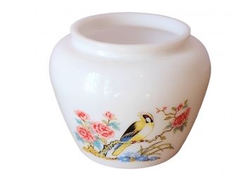 Vintage White Milk Glass Avon Vanity Jar With Bird Transfer