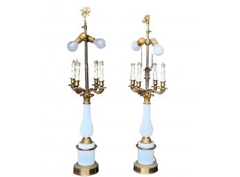 Pair Gilt Brass & Milk Glass French Style Candelabra Table Lamps, C1940s