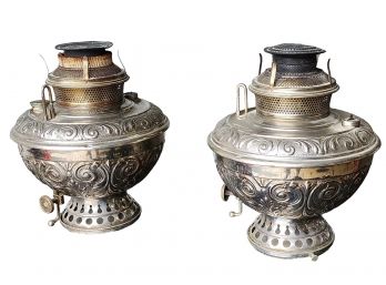 Pair Antique 19th Century Silver-plated B&H Bradley & Hubbard Rayo Oil/Kerosene Lamps