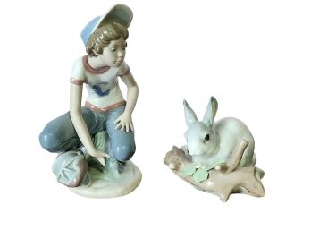 2 Vintage Lladro Porcelain Figurines  #5290 'little Leaguer' & #4773 'rabbit Eating'