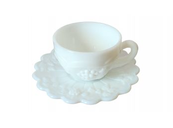 Vintage Westmore Land White Milk Glass Grape Pattern Cup & Saucer