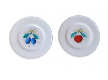 2 Vintage Westmoreland White Milk Glass Hand Painted Beaded Edge Fruit Dinner Plates
