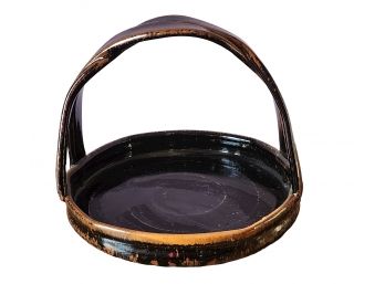 Attractive Japanese Lacquered & Glazed  Twisted Handle Stoneware Basket ~ Signed