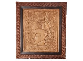 Carved African Wood With Wood Frame Hanging Wall Art  28 X 31.5