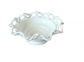 Vintage White Milk Glass Pierced Rim Bowl