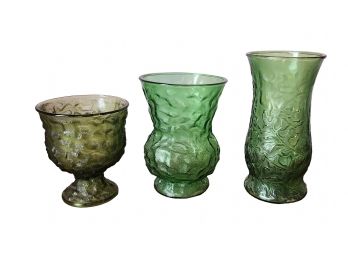 Set 3 Vintage Green Crinkle Pressed Glass Vases By E.o. Brody ~ Cleveland USA