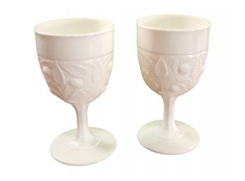 Pair Vintage White Milk Glass Goblet Wine Glasses