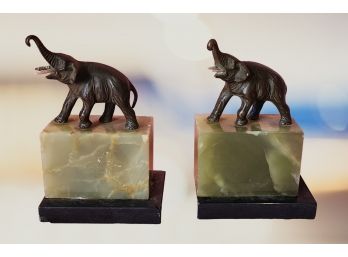 Pair Antique 19th Century Bronze Elephant Figures On Onyx Bases, C1900