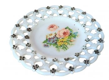 Vintage Westmoreland Forget Me Knot Colored & Transferred Floral Pierced Milk Glass Plate
