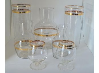 Antique 1920s Glass With Gold Band Carafe Wine ~ Drink Serving Pitcher Set- 7 Pieces