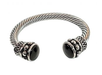 GREAT GIFT ITEM CHUNKY RHODIUM PLATED CUFF BANGLE WITH BLACK ACCENTS- NEW - TARNISH RESISTANT & HYPOALLERGENIC