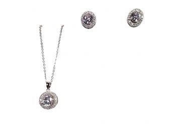 GREAT GIFT ITEM - RHODIUM PLATED NECKLACE, PENDANT & EARRINGS W/ BRILLIANT VIOLET CUBIC ZIRCONIA STONES - NEW