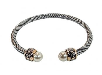 GREAT GIFT ITEM - RHODIUM PLATED CUFF BANGLE WITH PEARL ACCENTS - NEW - TARNISH RESISTANT & HYPOALLERGENIC