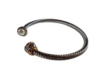 GREAT GIFT ITEM - RHODIUM PLATED CUFF BANGLE WITH FAUX PEARL ACCENTS - NEW - TARNISH RESISTANT