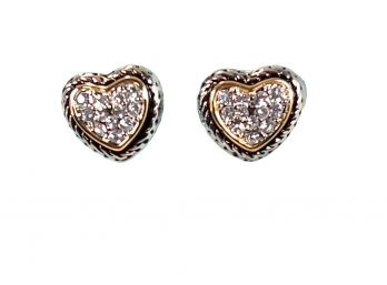 GREAT GIFT ITEM - RHODIUM PLATED - HEART EARRINGS WITH BRILLIANT CZ STONES -TARNISH RESISTANT & HYPOALLERGENIC