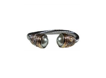 GREAT GIFT ITEM - CHUNKY RHODIUM PLATED CUFF BANGLE WITH FAUX PEARL ACCENTS - NEW - TARNISH RESISTANT