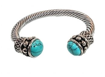 GREAT GIFT ITEM - CHUNKY RHODIUM PLATED CUFF BANGLE WITH TURQUOISE STONE ACCENTS - NEW - TARNISH RESISTANT