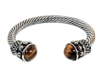 GREAT GIFT ITEM - CHUNKY RHODIUM PLATED CUFF BANGLE WITH TIGERS EYE STONE ACCENTS- NEW - TARNISH RESISTANT