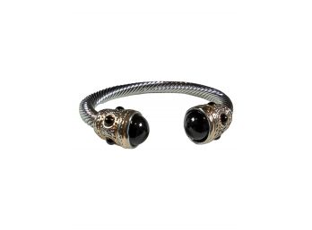 GREAT GIFT ITEM - CHUNKY RHODIUM PLATED CUFF BANGLE WITH POLISHED BLACK ACCENTS - NEW - TARNISH RESISTANT