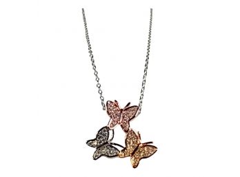 GREAT GIFT ITEM - RHODIUM PLATED LINK CHAIN & BUTTERFLY PENDANT - WITH CLEAR CZ STONES - NEW - HYPOALLERGENIC