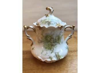 Vintage J Pouyat Limoges France Early Oversize Sugar Bowl Green Floral/gold Gilt