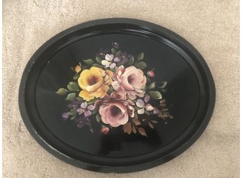 Antique Hand Painted Black Metal Tray