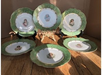 6 Carlsbad Austria China Plates - Victorian Queen Portraits Green/Gold 8 1/8'