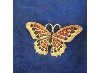 Multilana Butterfly Brooch, Museum Reproduction. Enameled 24K Goldplate Over Pewter. 2.2 X 1.25