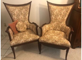 2 Victorian Rose Velvet Backed Upholstered Wood Armchairs