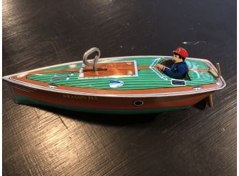 Working VINTAGE TIN WIND UP SPEEDBOAT DRAGONFLY BOAT