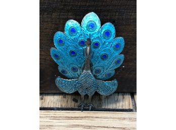 Vintage Siam Sterling Silver And Enamel Hinged Peacock Brooch