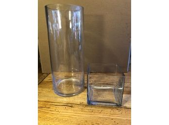 2 Glass Vases - Round 14' Tall, 5 3/4' Diam, Square 5' Tall 5' Diam