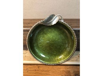 4 1/2' Evans Hand Enameled Trinket Dish Olive Green W/brass Gold Accent