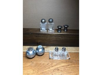 4 Pr Salt & Pepper Shakers. Lucite, Glass, Pewter, Unknown Metal