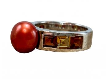 Honora 925 Sterling Silver Ring With Fresh Water Pearls, Garnets & Citrine. Size: 7.75