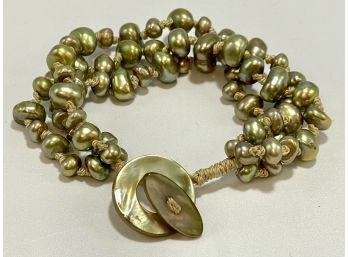 Honora Triple Strand Freshwater Pearl Bracelet With Mother Of Pearl Toggle Clasp. Green