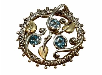 Barbara Bixby 18K Gold/925 Sterling Silver Pendant W/Blue Topaz Gemstones & Vine Design