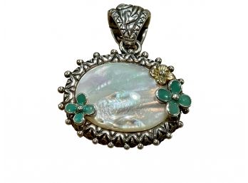 Barbara Bixby 18K Gold/925 Sterling Silver Mother Of Pear Pendant W/green Enameled Flowers.