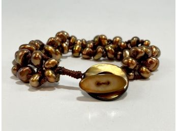 Honora Triple Strand Freshwater Pearl Bracelet With Mother Of Pearl Toggle Clasp. Brown Tones