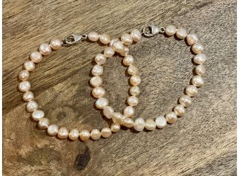 Honora- Pair Of Pale Pink Freshwater Pearl & Sterling Silver Bracelets With Lobster Claw Clasps