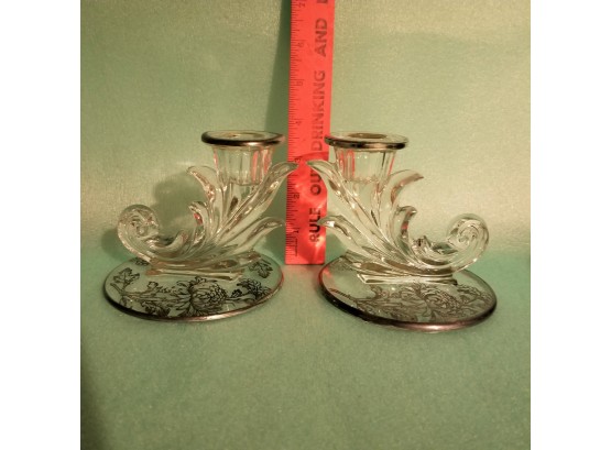 Fostoria Crystal With Silver Overlay Baroque Candle Holders (2)