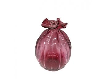 Gorgeous 9.5' Signed Pilgrim Cranberry Fluted Furled Neck Vase
